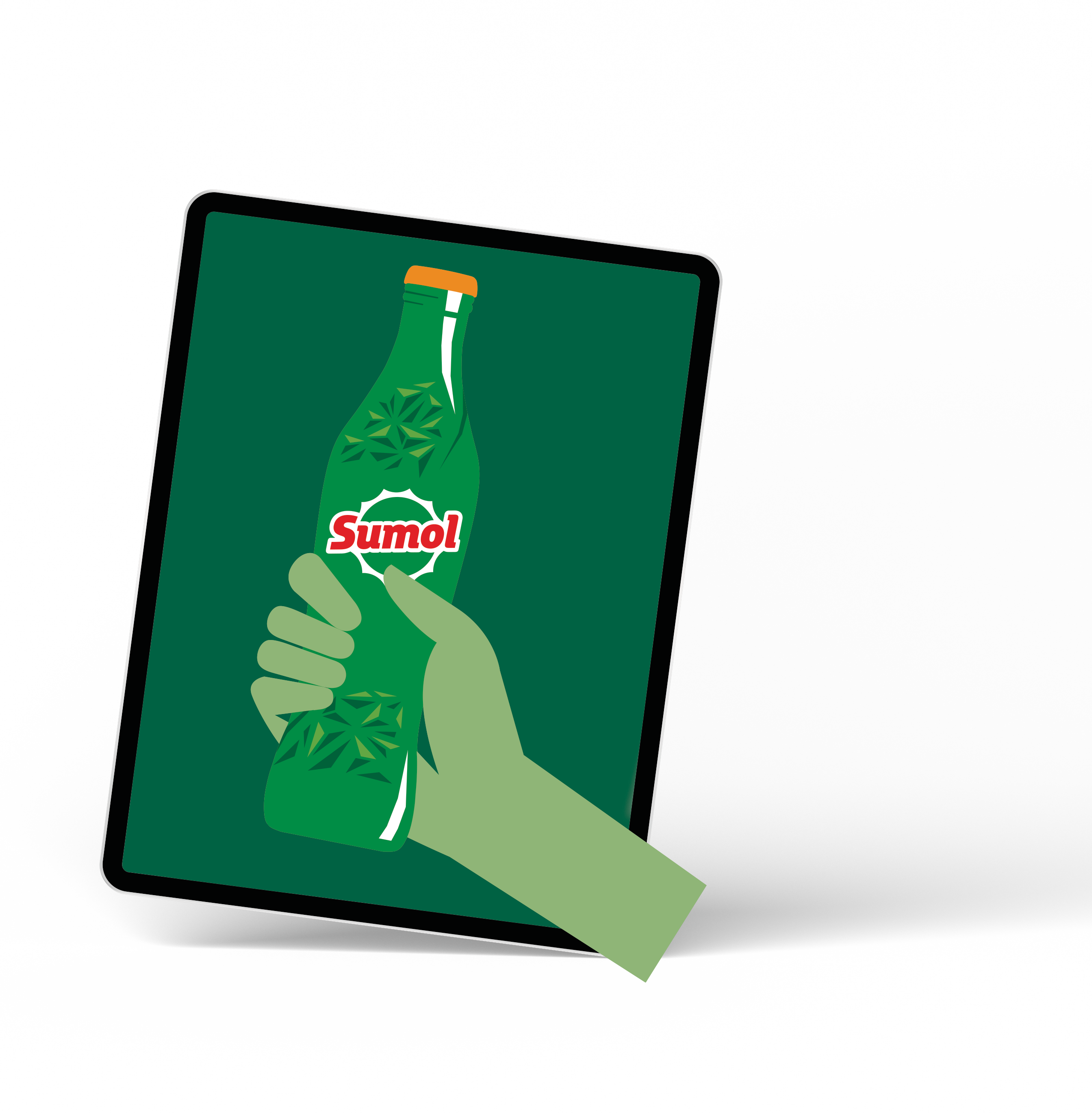 Tablet a mostrar uma mão a segurar uma garrafa de Sumol — o prémio do passatempo